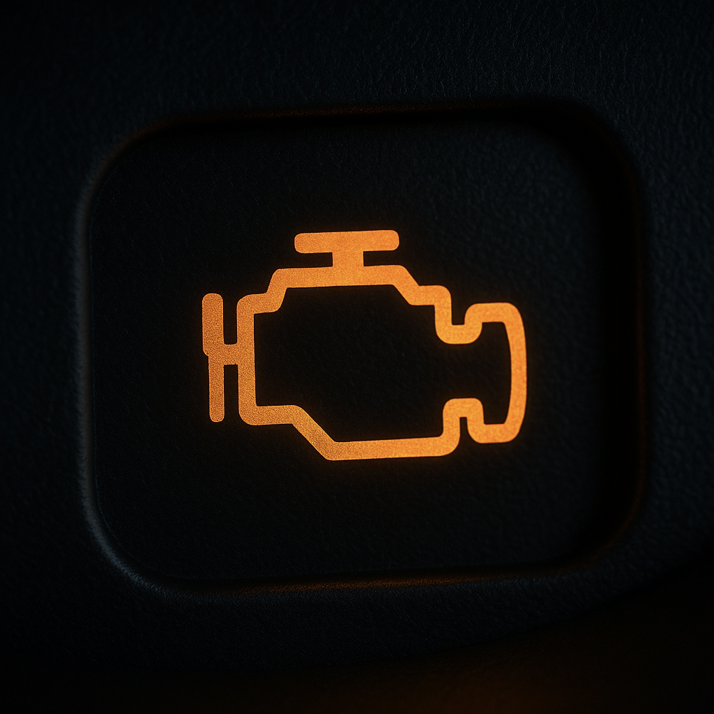 Engine warning light (amber) on Swedish car dashboard