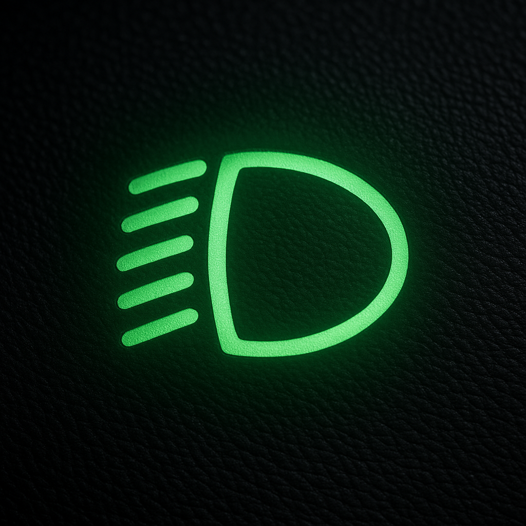 Green dipped beam and blue high beam indicators