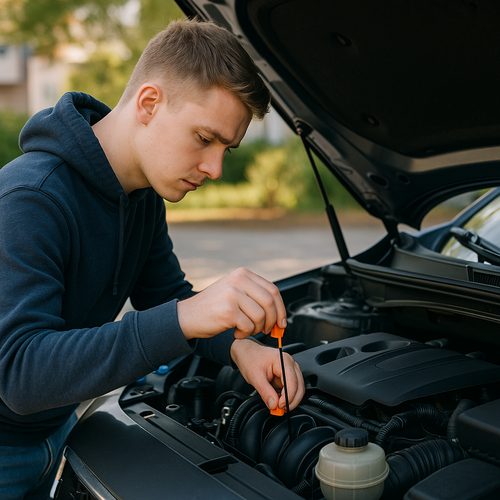 Checking engine oil, coolant and brake fluid under the bonnet