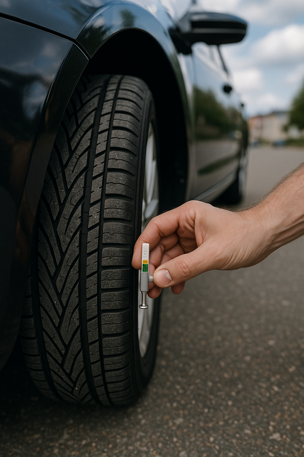 Measuring tyre tread depth and checking condition